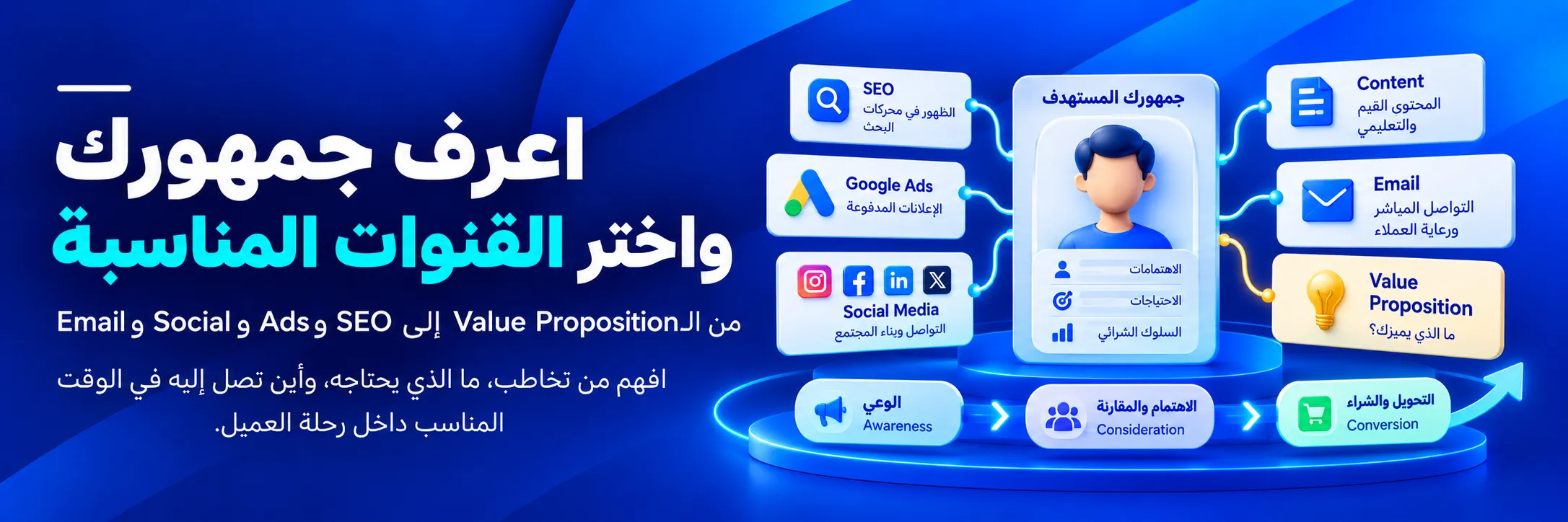 اختيار قنوات التسويق الإلكتروني المناسبة للجمهور المستهدف وربط SEO وGoogle Ads والمحتوى والبريد الإلكتروني بمراحل رحلة العميل   نسخ