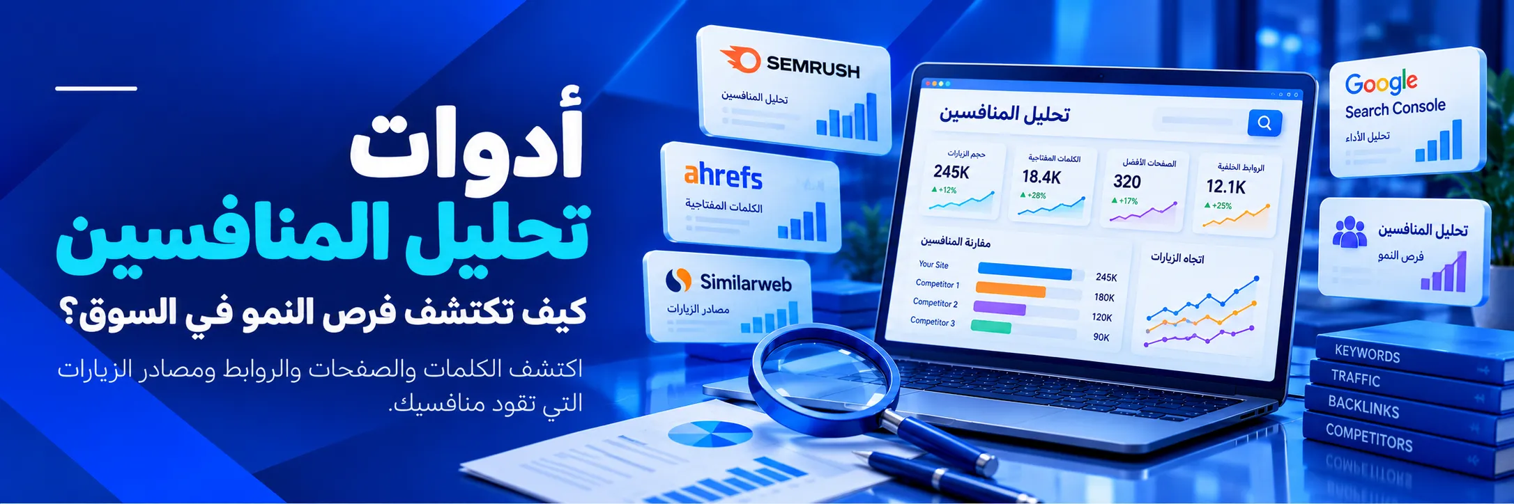 أدوات تحليل المنافسين في SEO مثل Semrush وAhrefs وSimilarweb لدراسة الكلمات المفتاحية والصفحات والروابط الخلفية ومصادر الزيارات   نسخ