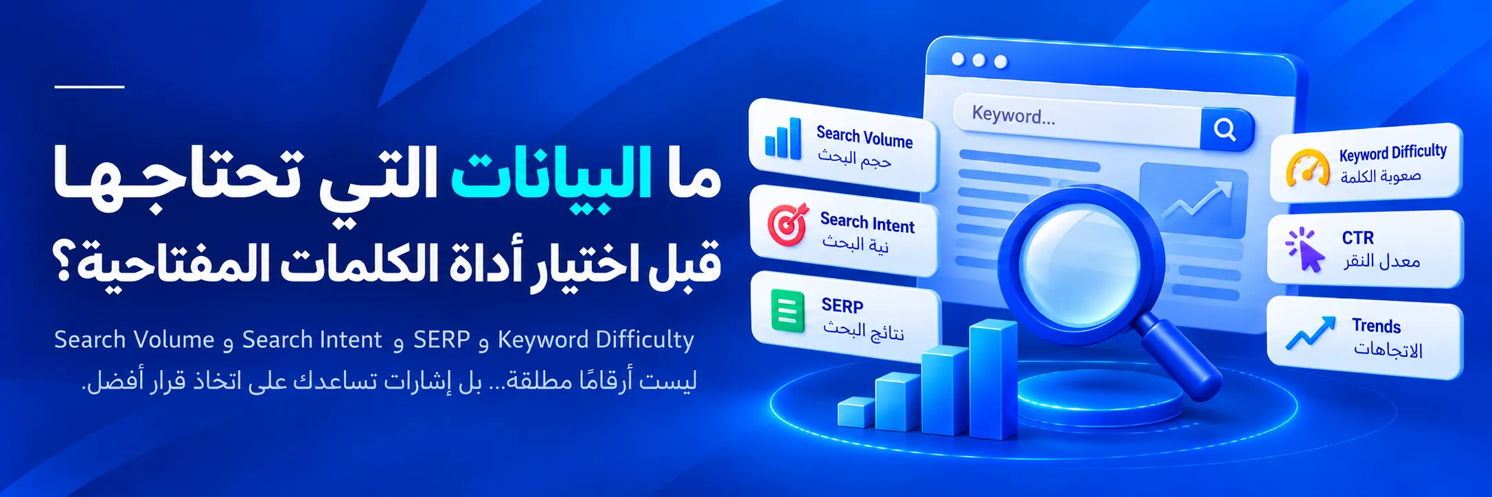 أهم بيانات تحليل الكلمات المفتاحية قبل اختيار الأداة، وتشمل Search Volume وSearch Intent وKeyword Difficulty وSERP وCTR واتجاهات البحث   نسخ