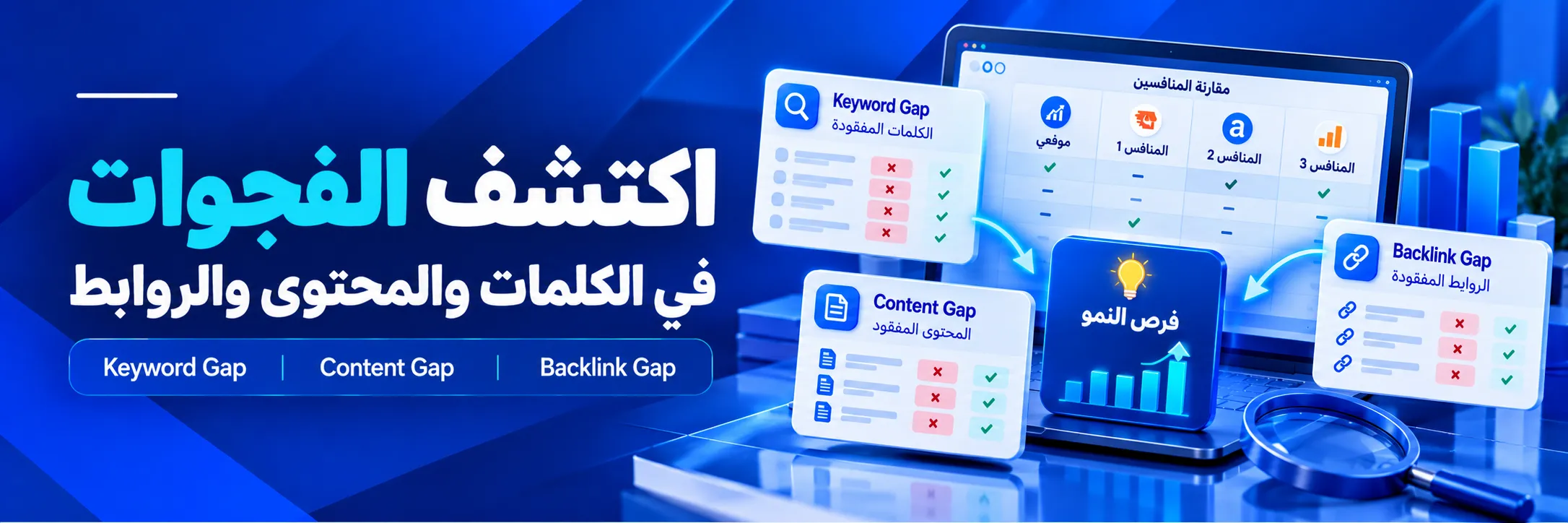 اكتشاف فجوات المنافسين في SEO من خلال Keyword Gap وContent Gap وBacklink Gap لتحديد فرص الكلمات المفتاحية والمحتوى والروابط الخلفية   نسخ